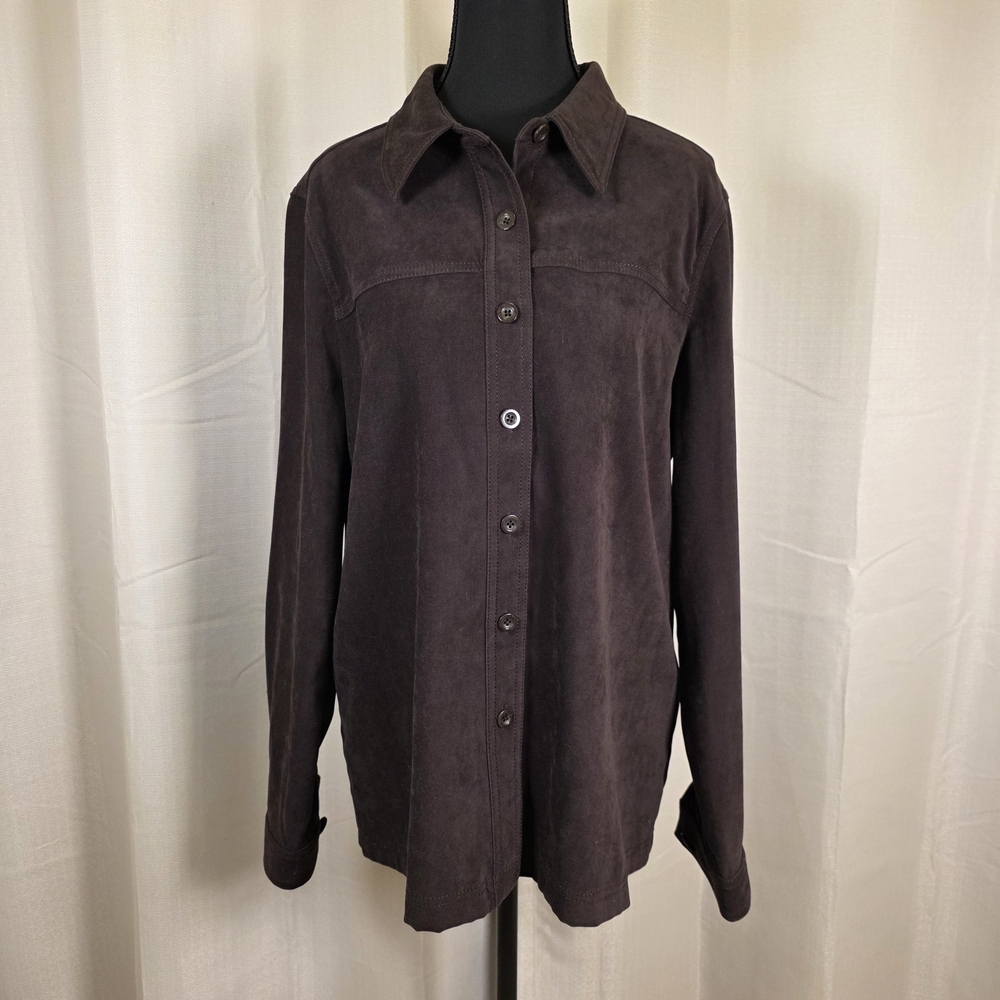 Casual Corner Annex Brown Faux Suede Button Up Size Large Minimalist Blouse